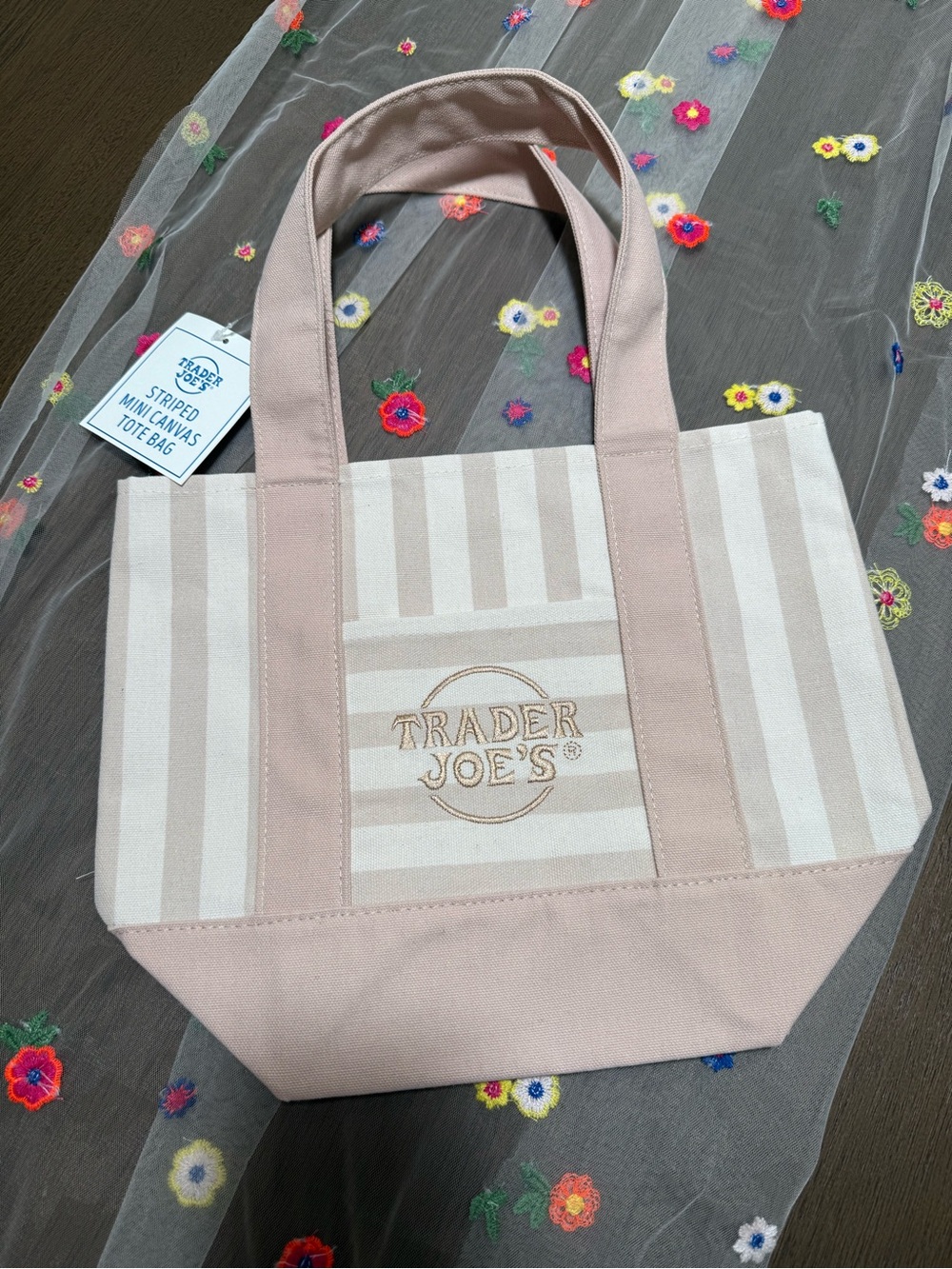 Viral Trader Joe's Taupe Striped Mini Canvas Tote Bag